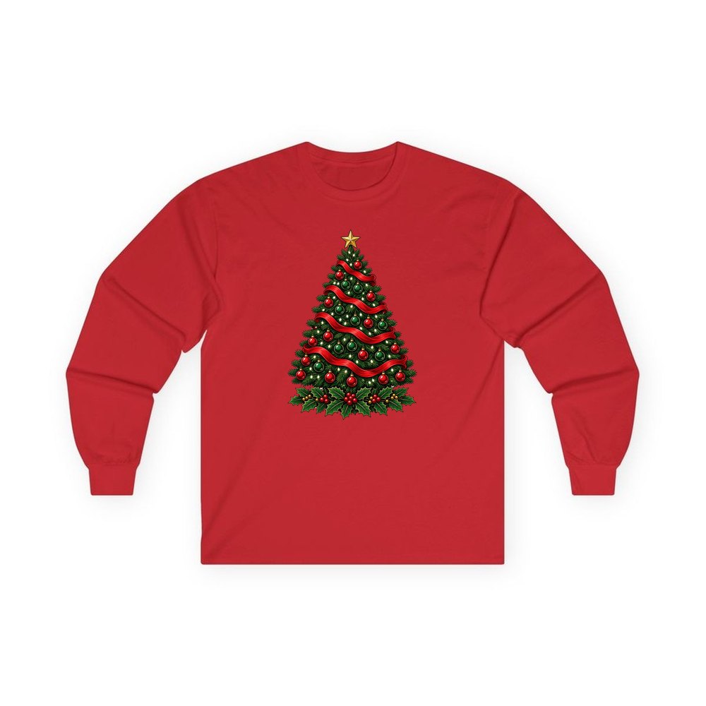 Classic Decorated Christmas Tree personalised long sleeve Christmas T-shirt in red