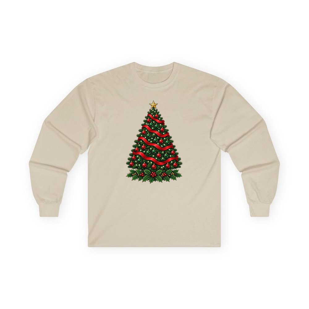 Classic Decorated Christmas Tree personalised long sleeve Christmas T-shirt in sand