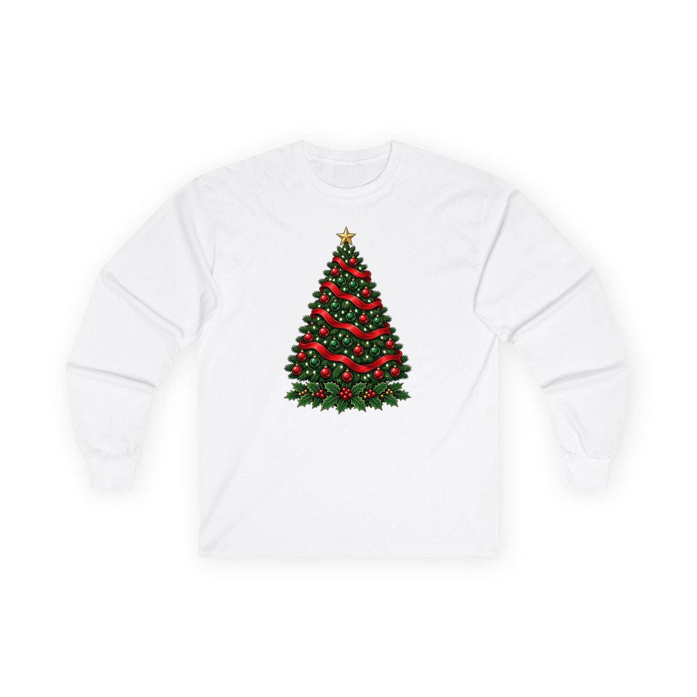 Classic Decorated Christmas Tree personalised long sleeve Christmas T-shirt in white