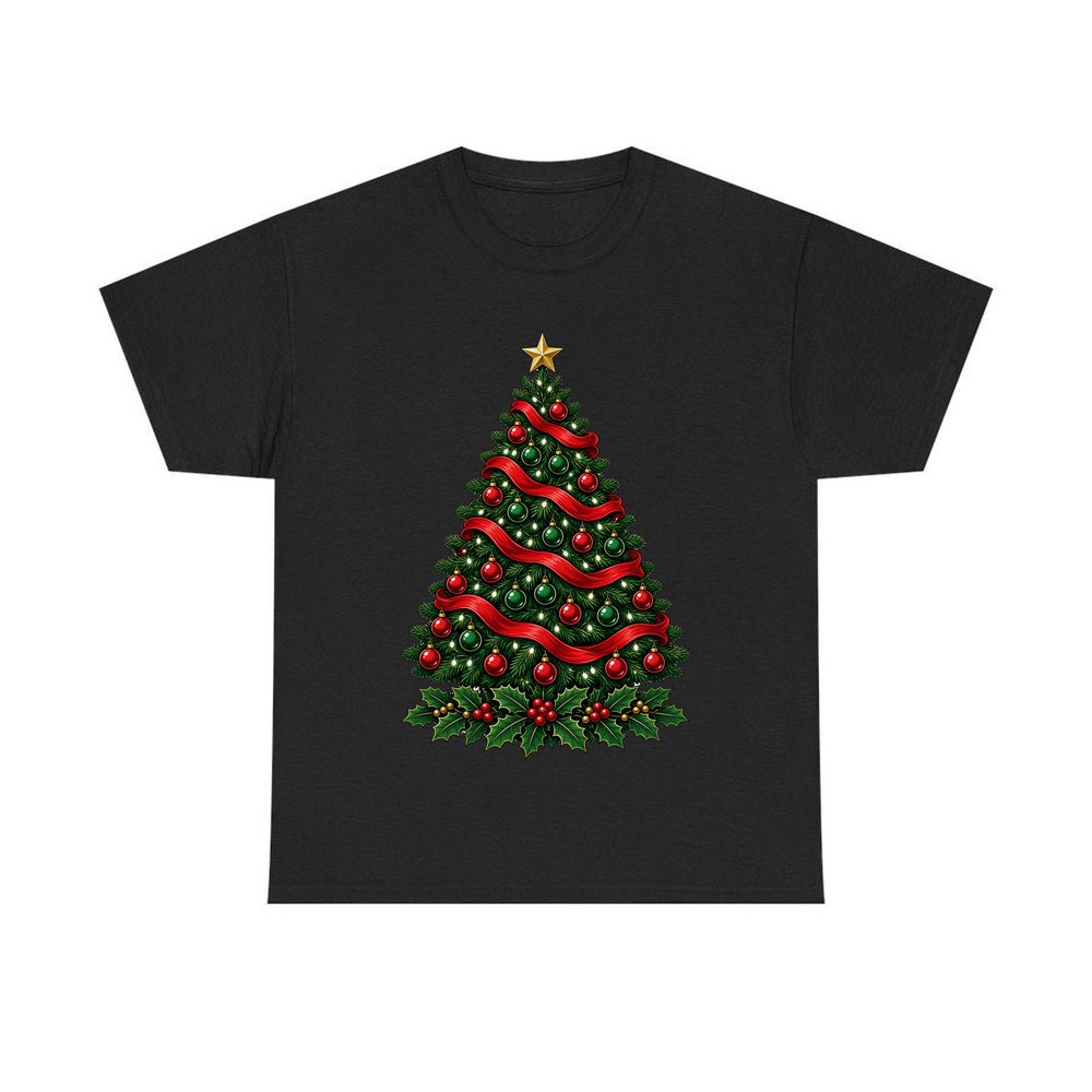 Classic Decorated Christmas Tree personalised Christmas T-shirt in black