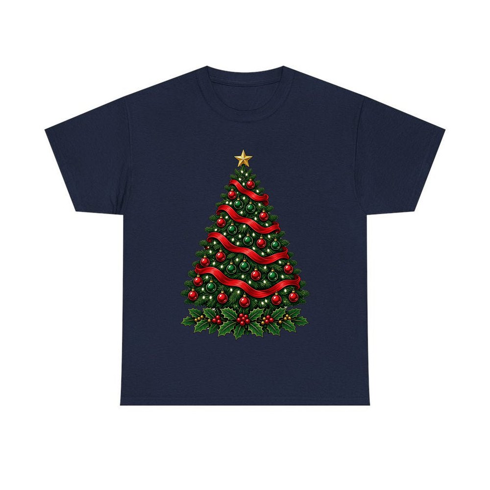 Classic Decorated Christmas Tree personalised Christmas T-shirt in navy