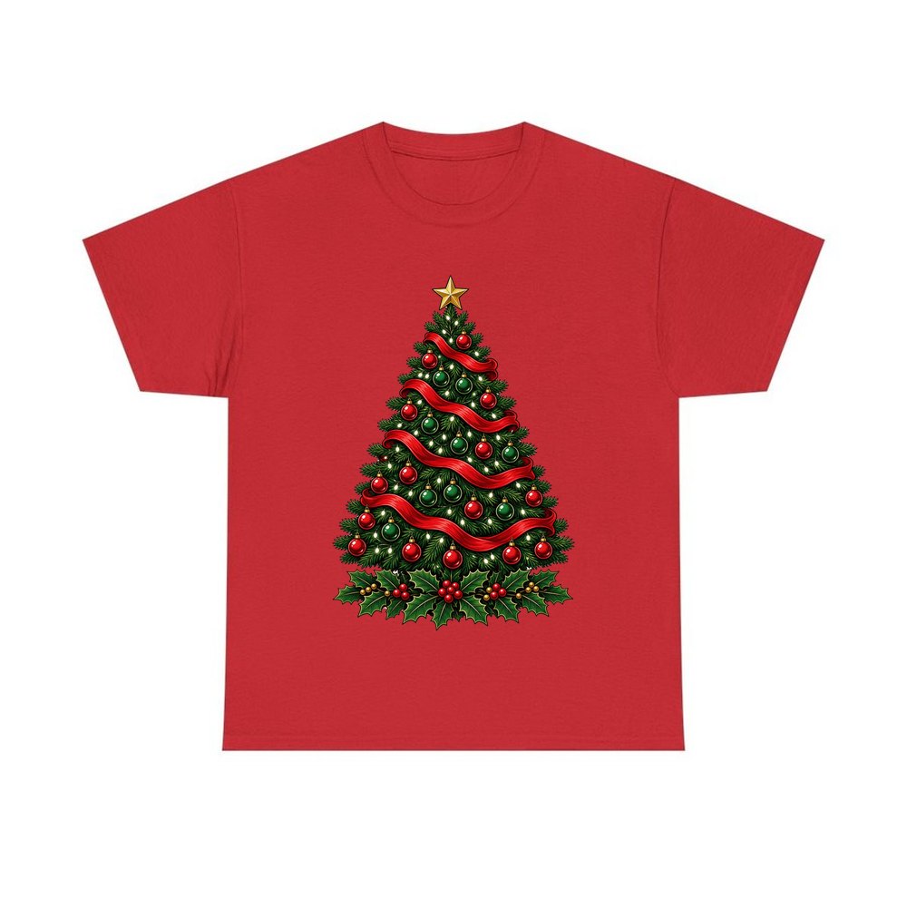 Classic Decorated Christmas Tree personalised Christmas T-shirt in red