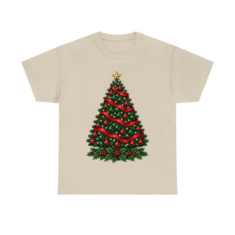 Classic Decorated Christmas Tree personalised Christmas T-shirt in sand
