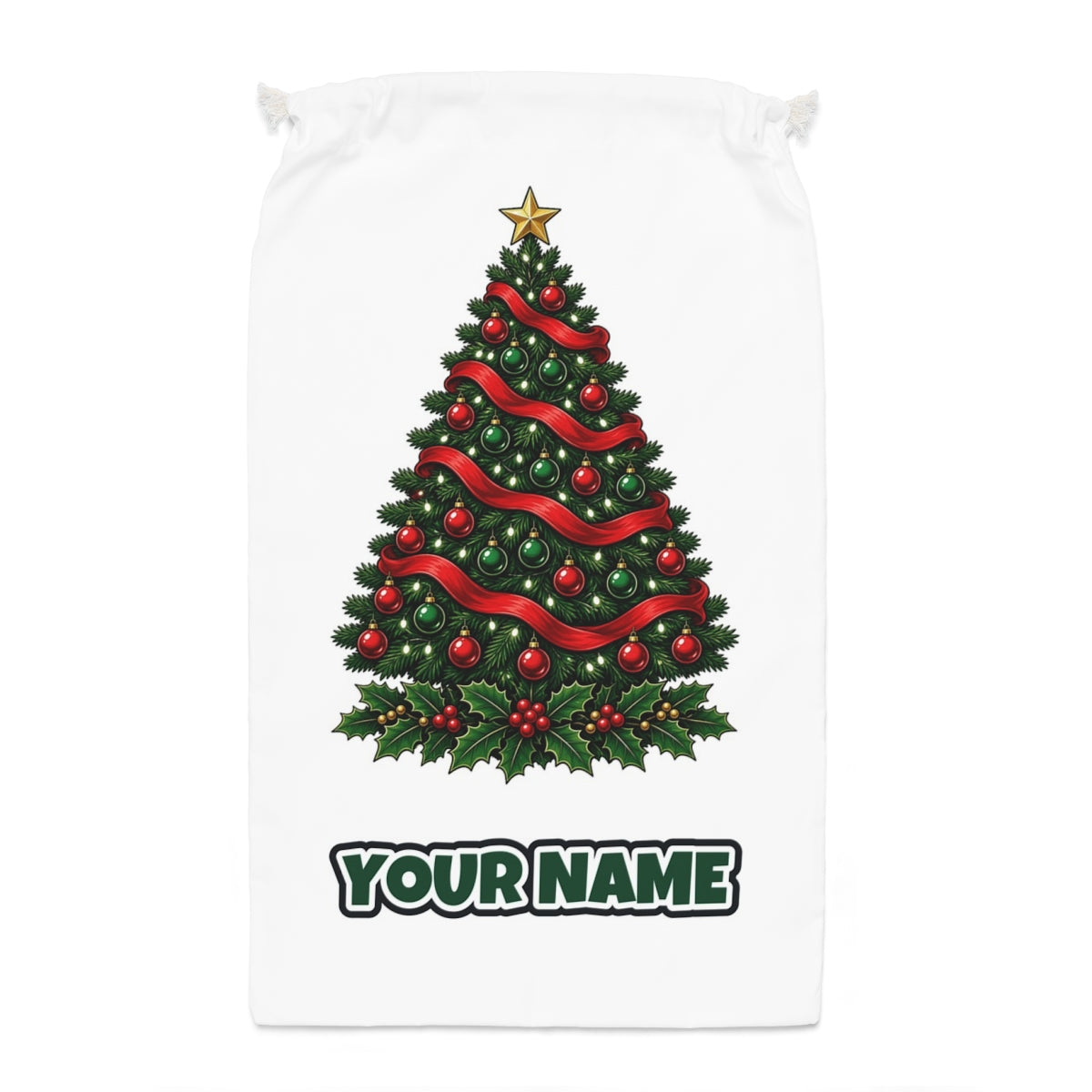 Classic Decorated Christmas Tree Santa sack laid flat, showing the full print