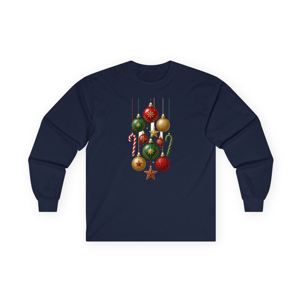 Classic Hanging Christmas Ornaments personalised long sleeve Christmas T-shirt in navy
