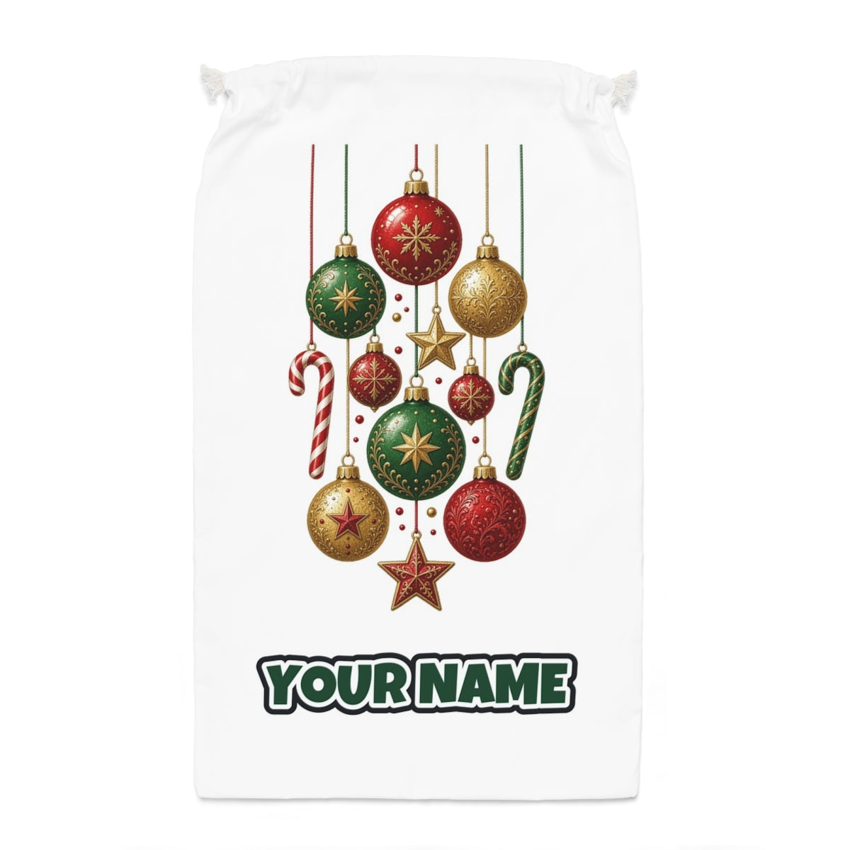 Classic Hanging Christmas Ornaments Santa sack laid flat, showing the full print