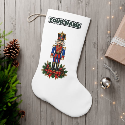 Classic Nutcracker Soldier personalised Christmas stocking, white, with the name across the top