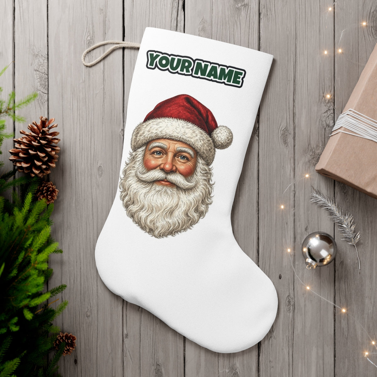 Classic Santa Face Portrait personalised Christmas stocking, white, with the name across the top