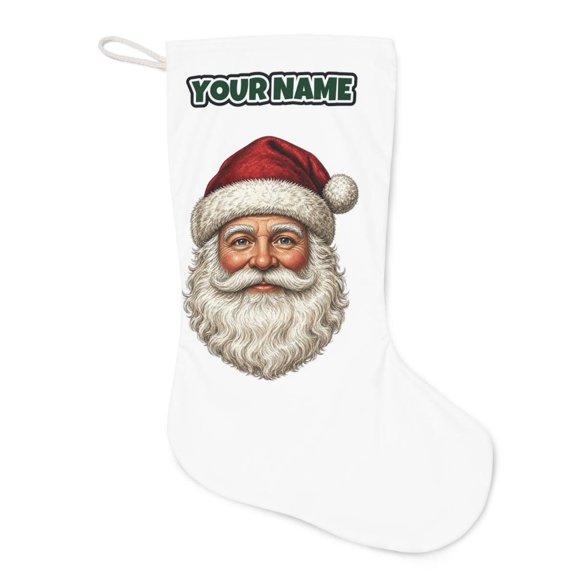 Classic Santa Face Portrait Christmas stocking laid flat, showing the full print