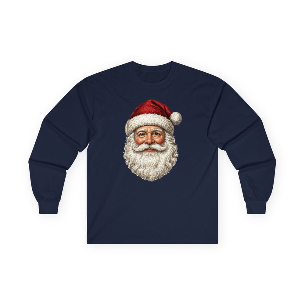 Classic Santa Face Portrait personalised long sleeve Christmas T-shirt in navy