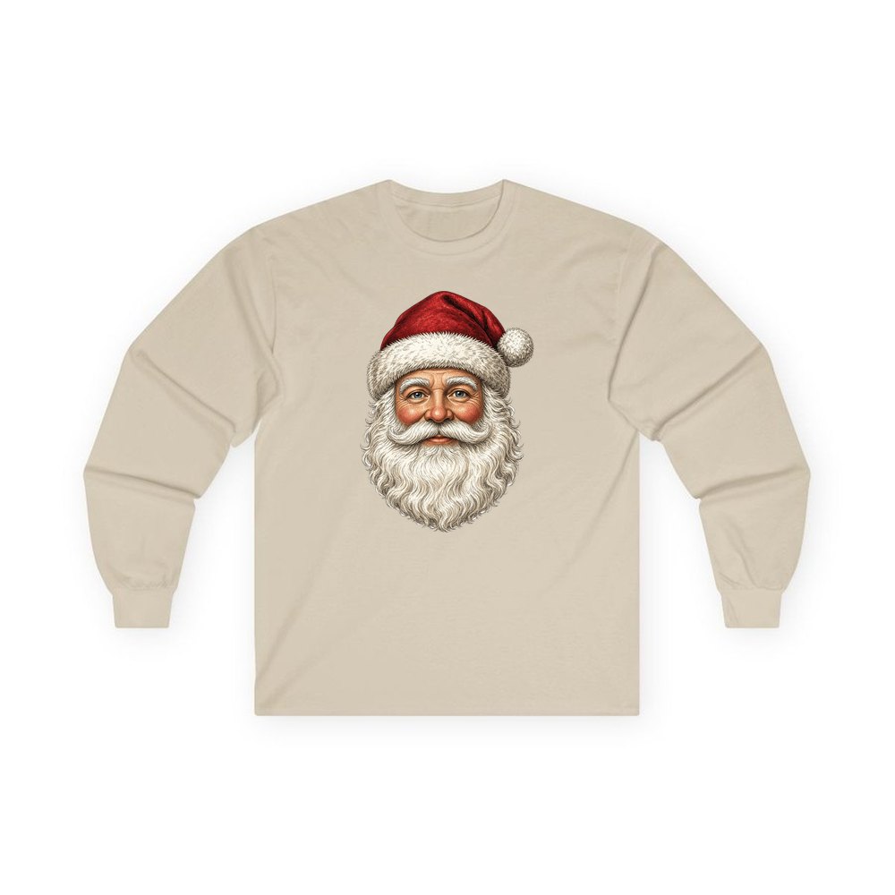 Classic Santa Face Portrait personalised long sleeve Christmas T-shirt in sand