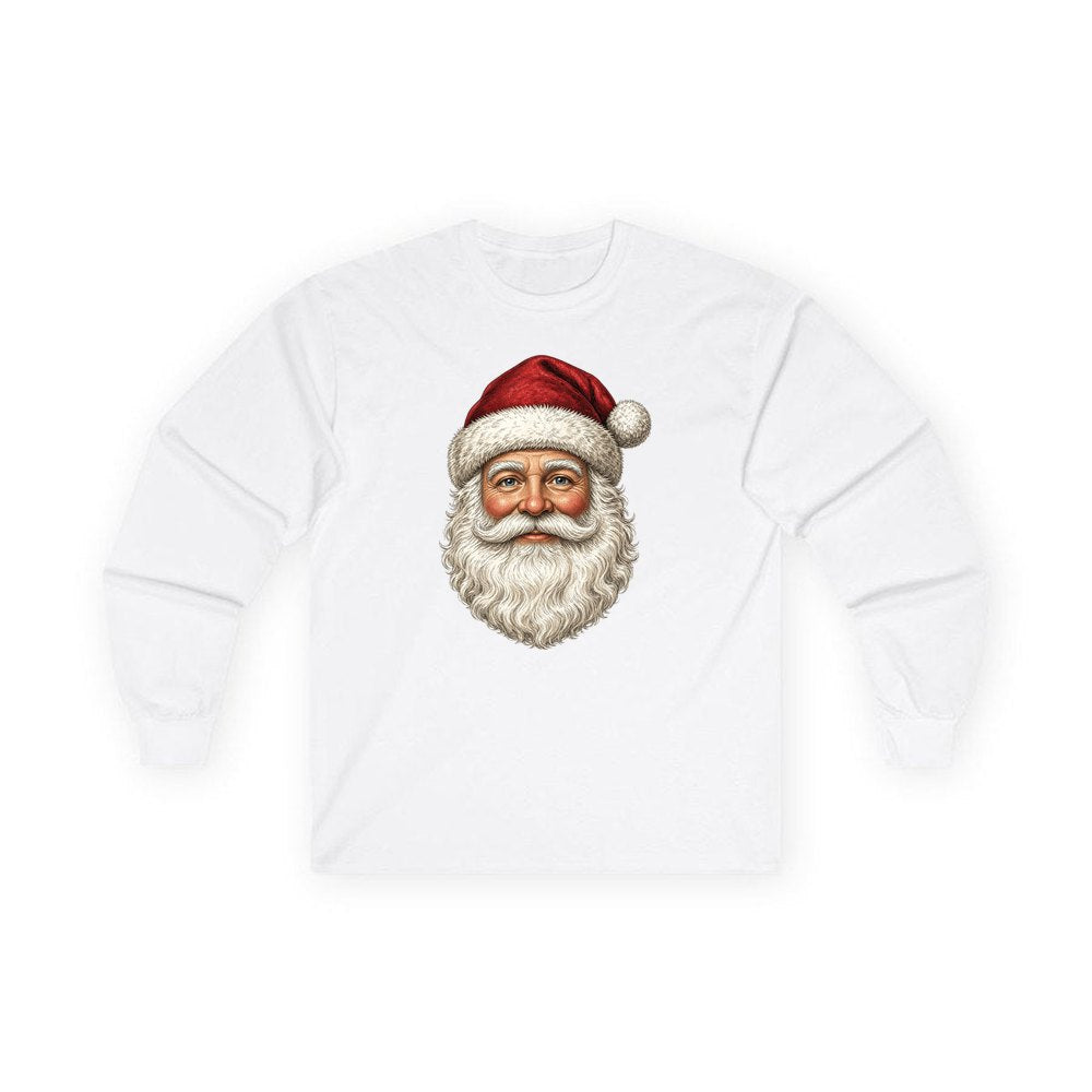 Classic Santa Face Portrait personalised long sleeve Christmas T-shirt in white