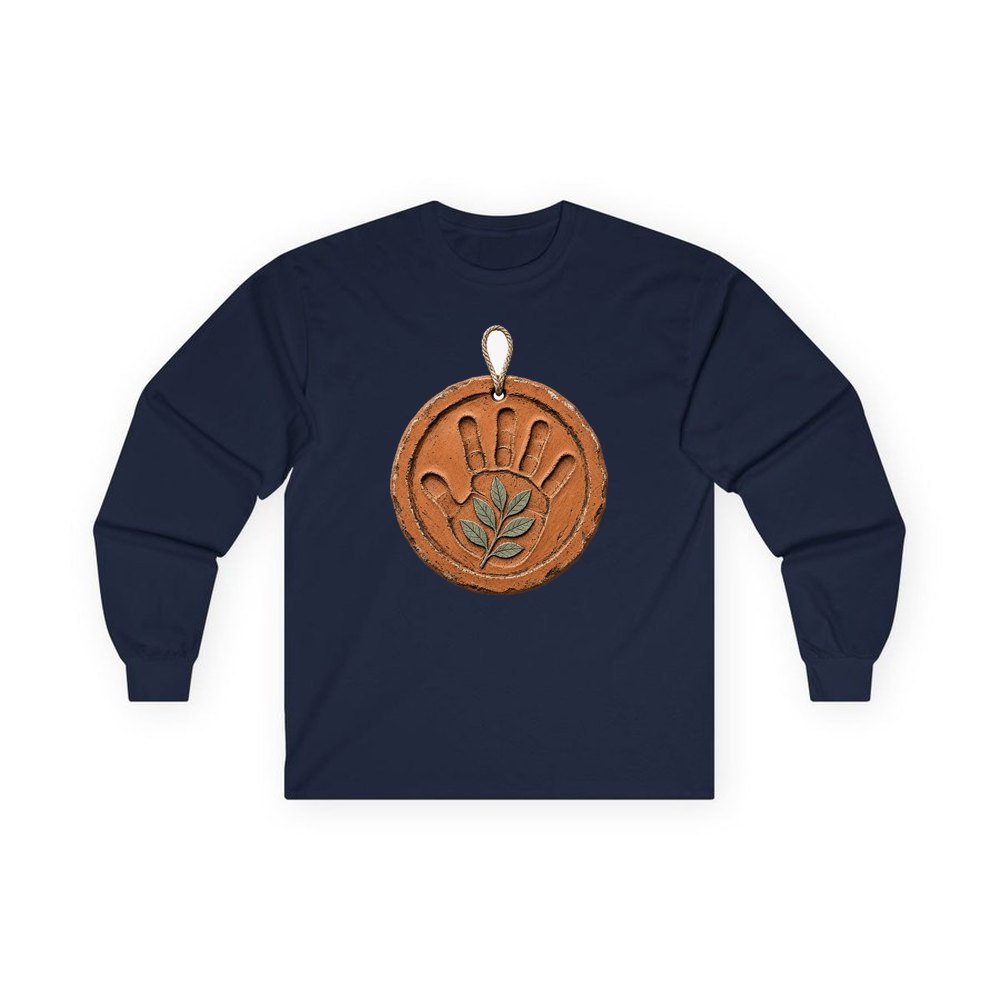 Clay Handprint Keepsake Ornament personalised long sleeve Christmas T-shirt in navy