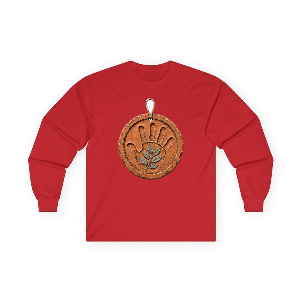 Clay Handprint Keepsake Ornament personalised long sleeve Christmas T-shirt in red