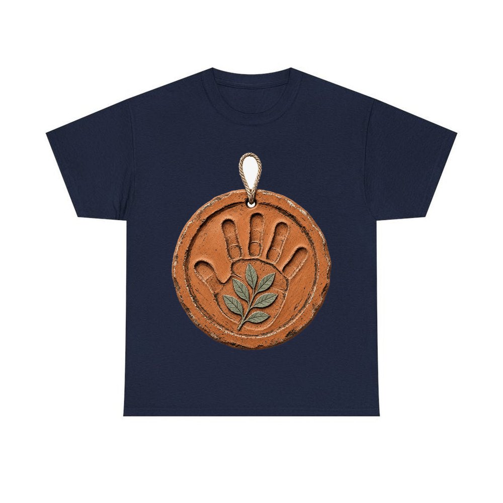 Clay Handprint Keepsake Ornament personalised Christmas T-shirt in navy