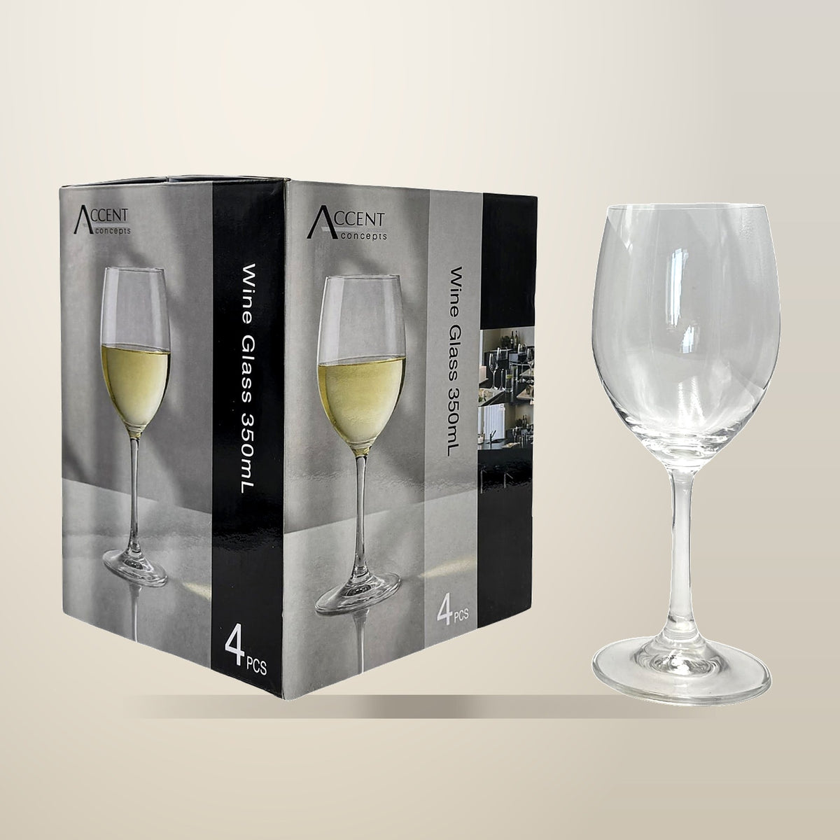Clear Wine Glasses in Gift Pack, 350 ml, 24 Pack, on a plain cream background