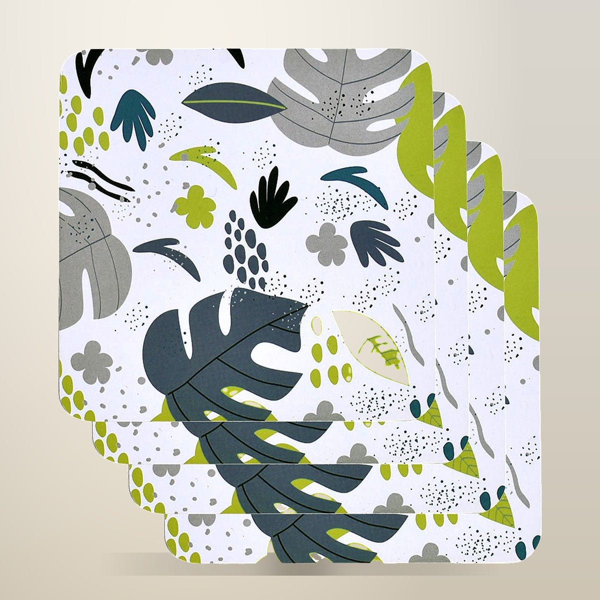 Clevinger Set of 4 Monstera Coasters, 10 x 10 cm, on a plain cream background