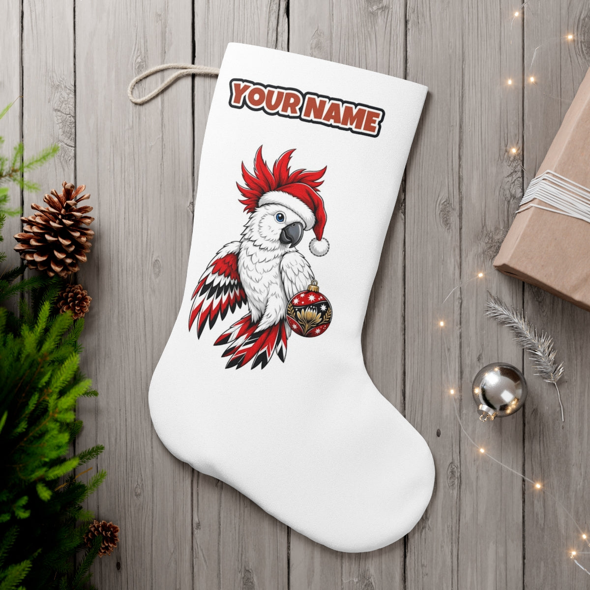 Cockatoo in Santa Hat personalised Christmas stocking, white, with the name across the top