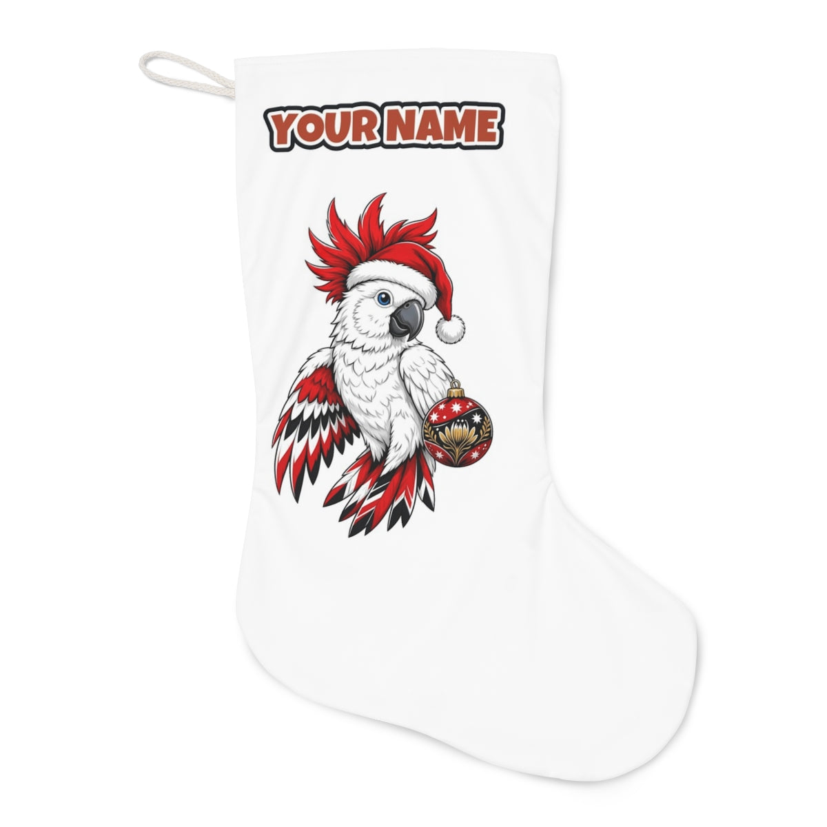 Cockatoo in Santa Hat Christmas stocking laid flat, showing the full print