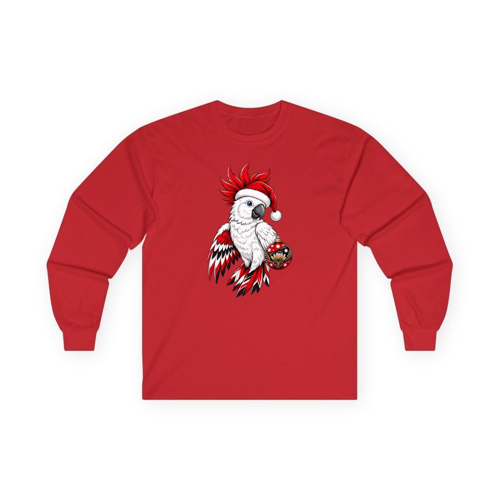Cockatoo in Santa Hat personalised long sleeve Christmas T-shirt in red