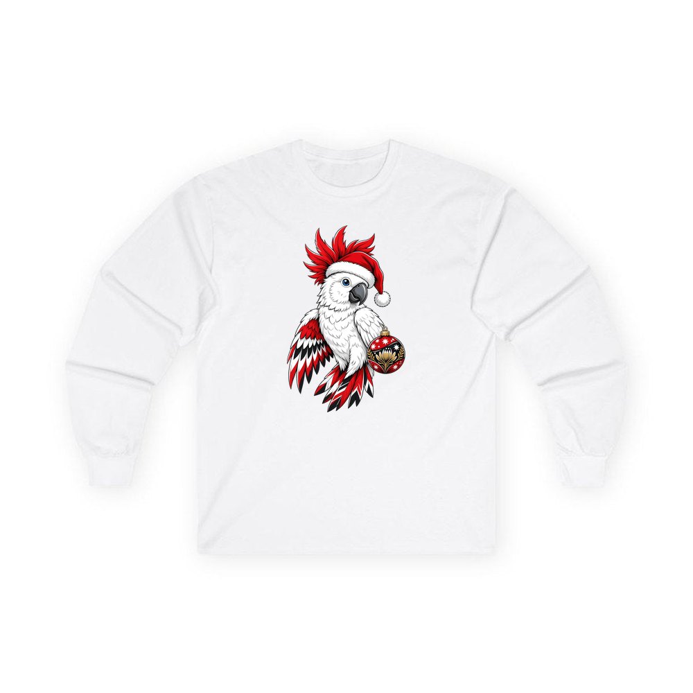 Cockatoo in Santa Hat personalised long sleeve Christmas T-shirt in white