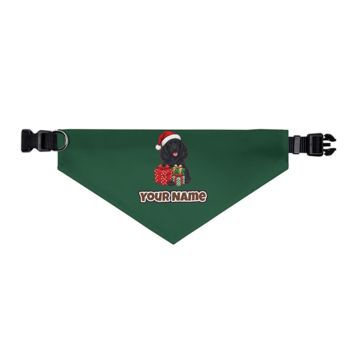 Cocker Spaniel personalised Christmas pet bandana in green, collar with buckle