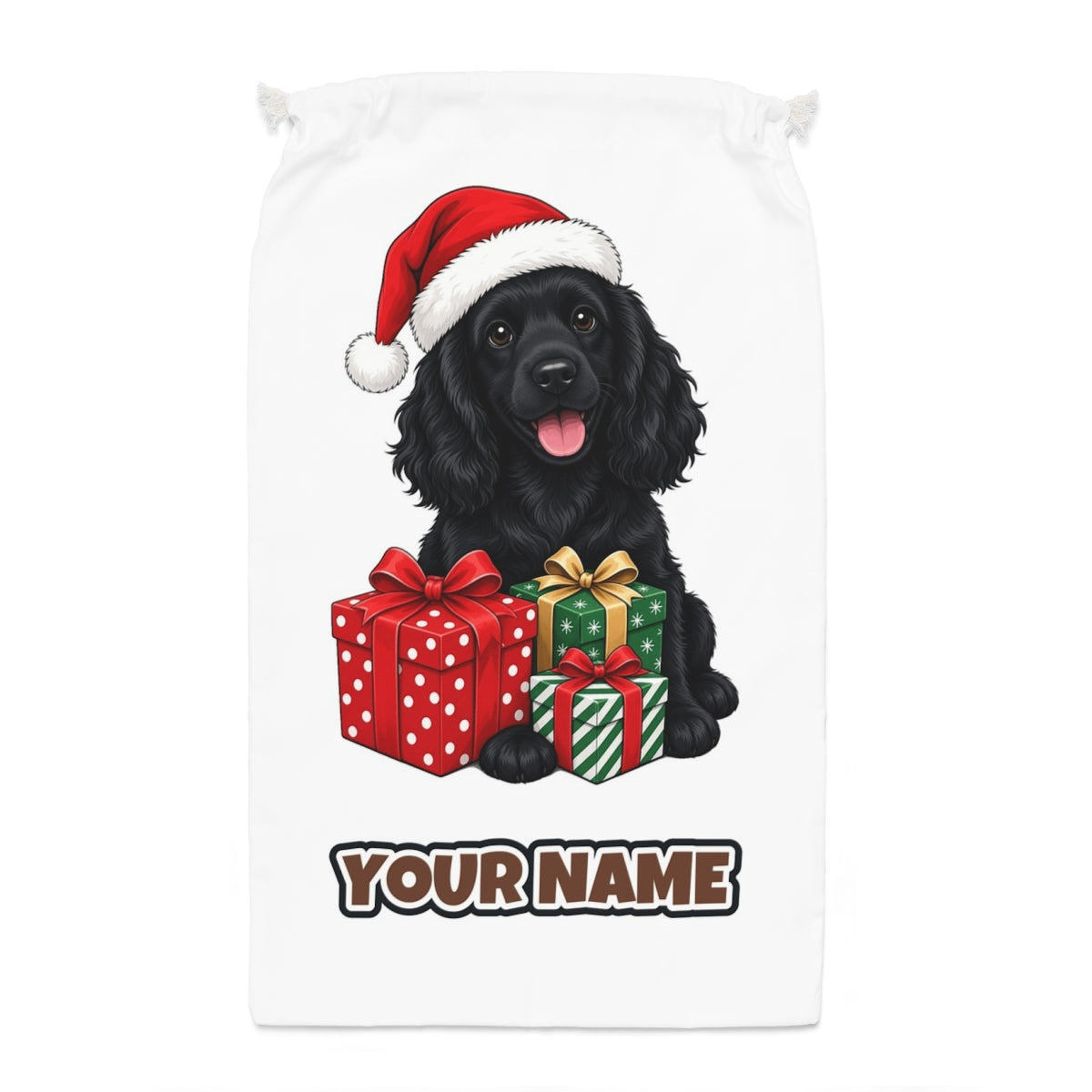 Cocker Spaniel Santa sack laid flat, showing the full print