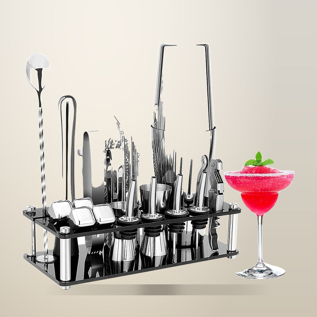 Boston 23-Piece Stainless Steel Cocktail Shaker Set, on a plain cream background
