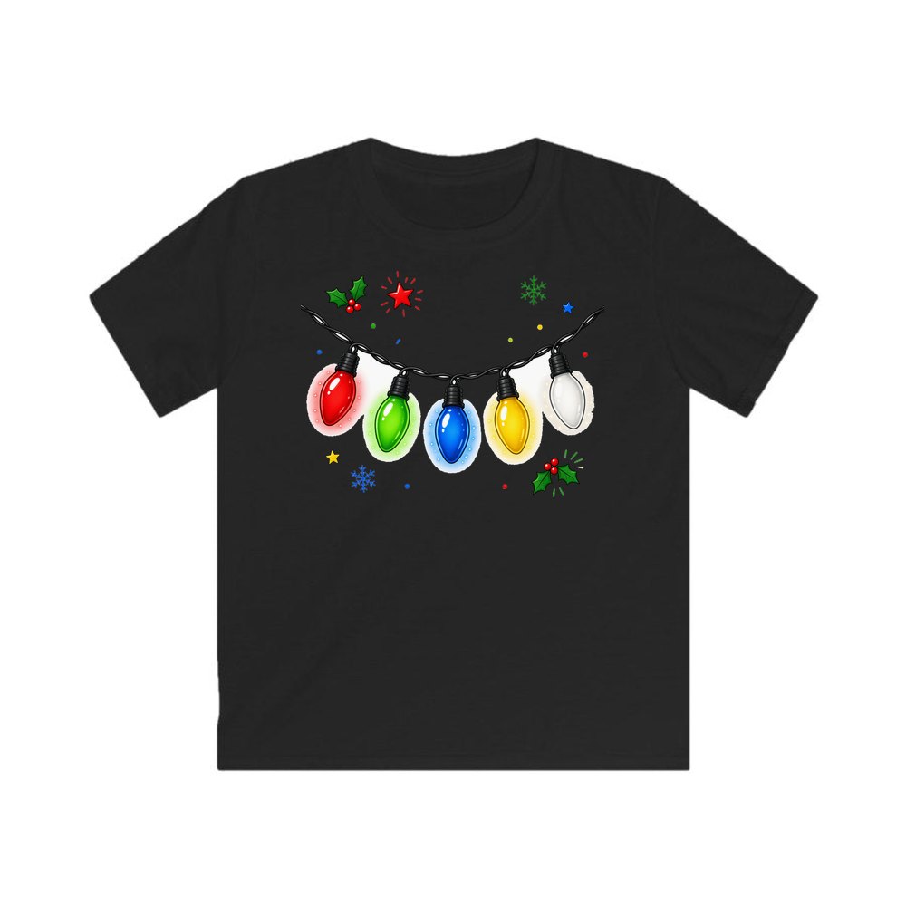 Colourful Christmas Light String personalised kids Christmas tee in black