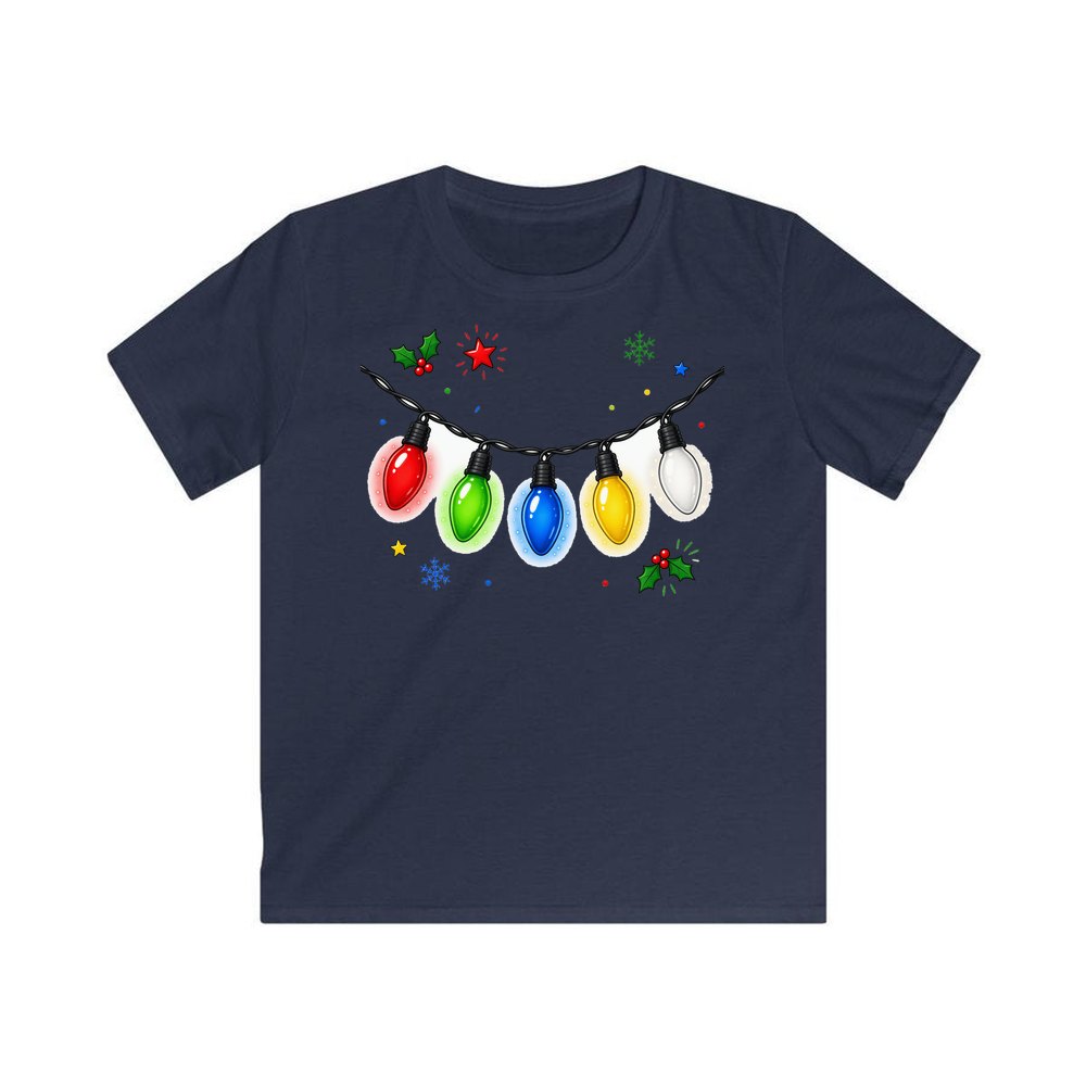 Colourful Christmas Light String personalised kids Christmas tee in navy