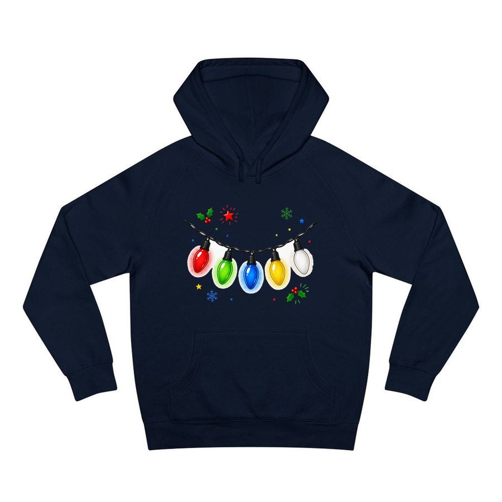 Colourful Christmas Light String personalised Christmas hoodie in navy