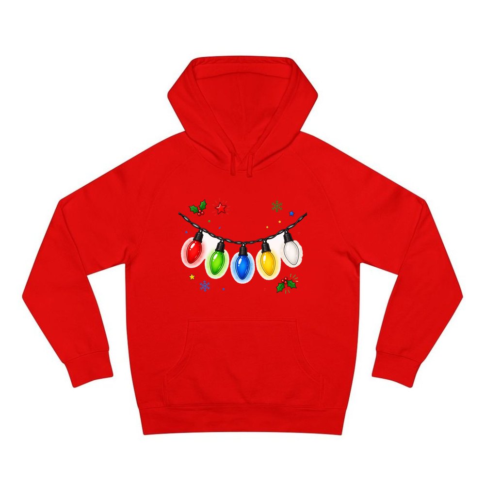 Colourful Christmas Light String personalised Christmas hoodie in red