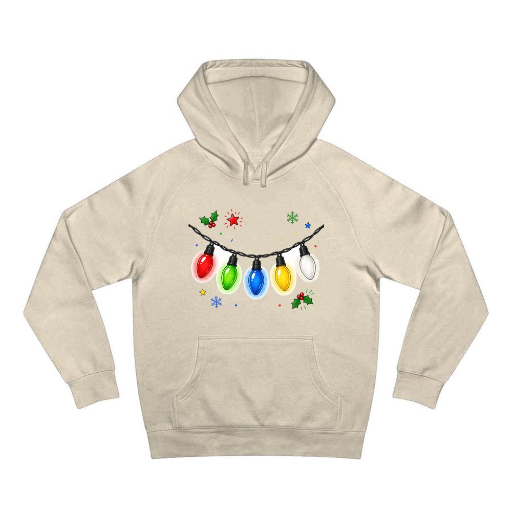 Colourful Christmas Light String personalised Christmas hoodie in sand