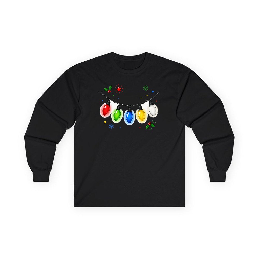 Colourful Christmas Light String personalised long sleeve Christmas T-shirt in black