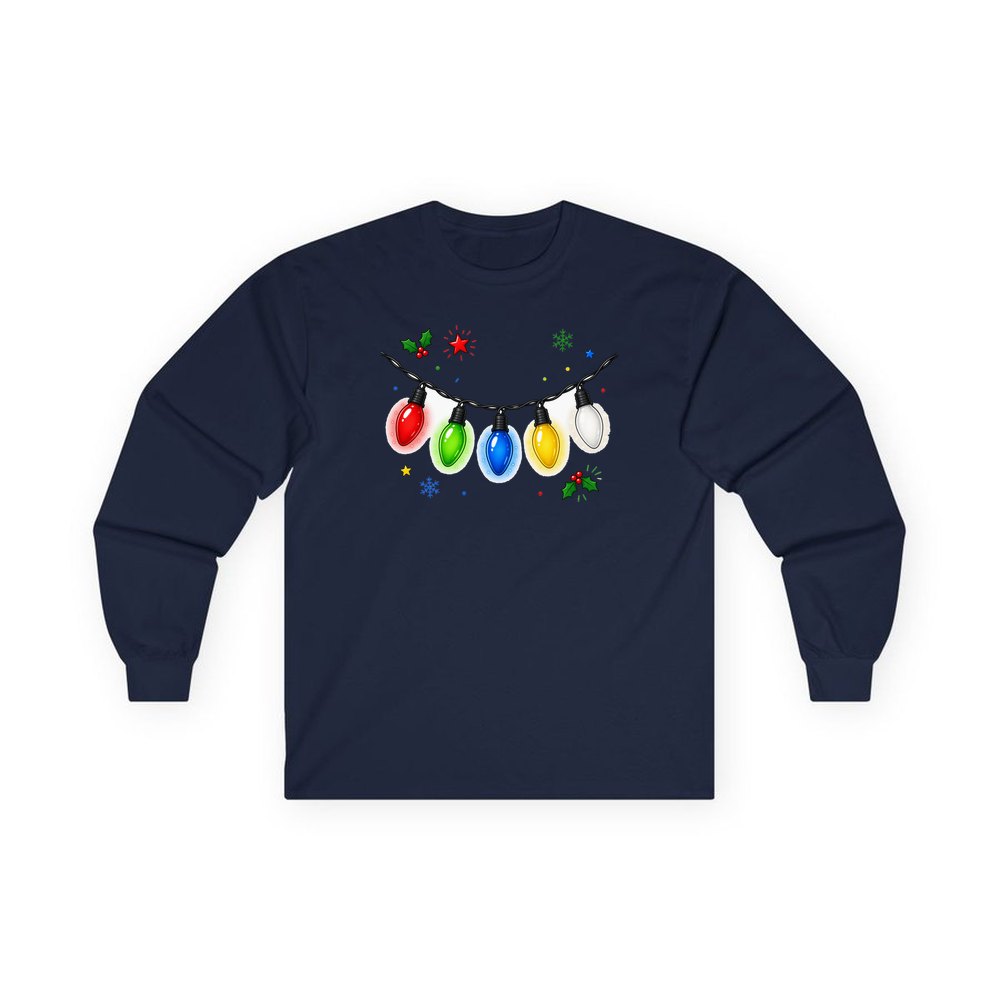 Colourful Christmas Light String personalised long sleeve Christmas T-shirt in navy