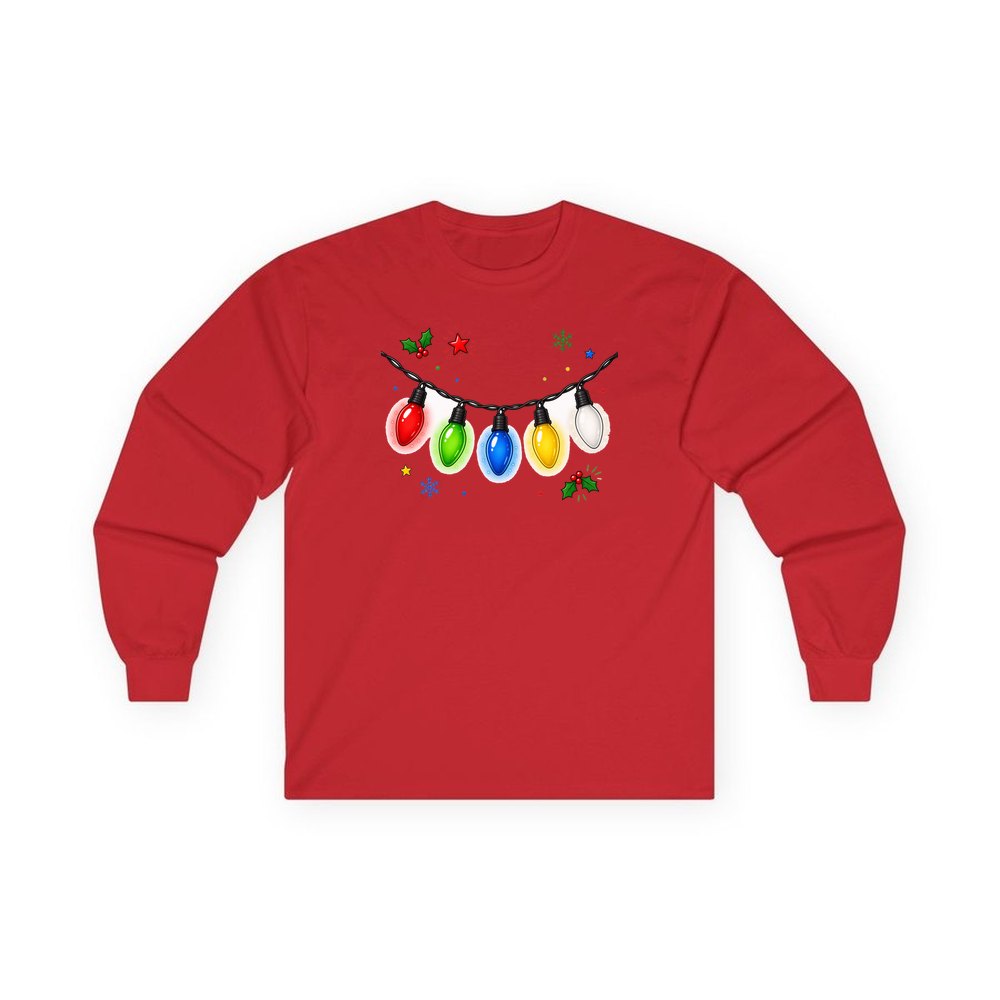 Colourful Christmas Light String personalised long sleeve Christmas T-shirt in red