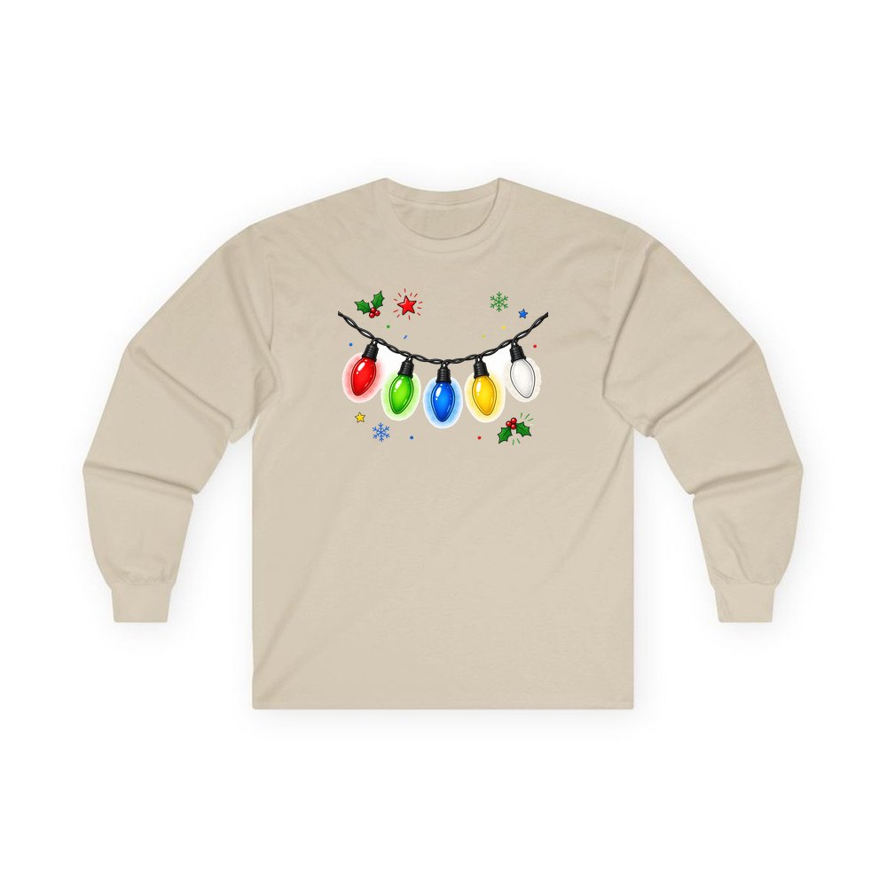 Colourful Christmas Light String personalised long sleeve Christmas T-shirt in sand