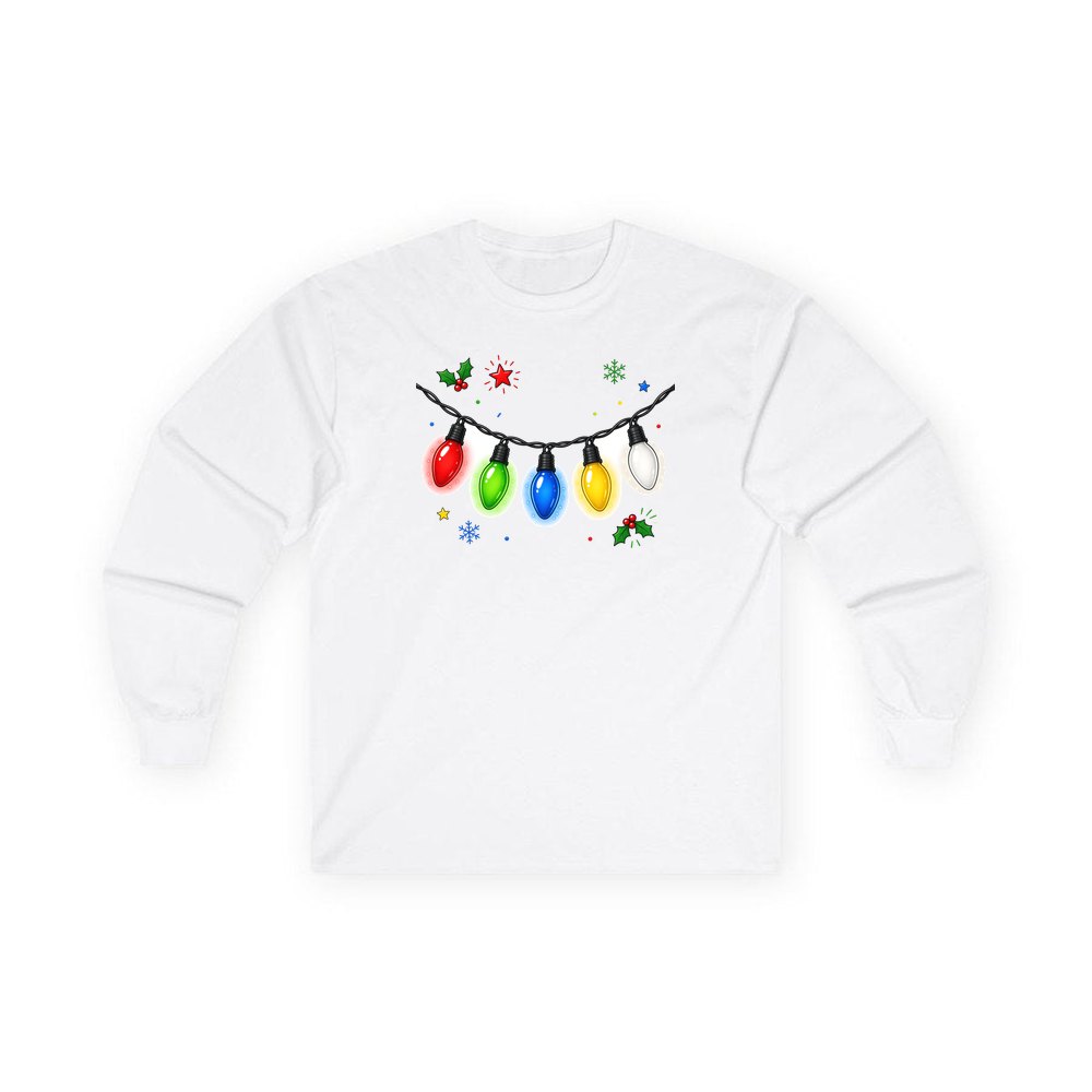 Colourful Christmas Light String personalised long sleeve Christmas T-shirt in white