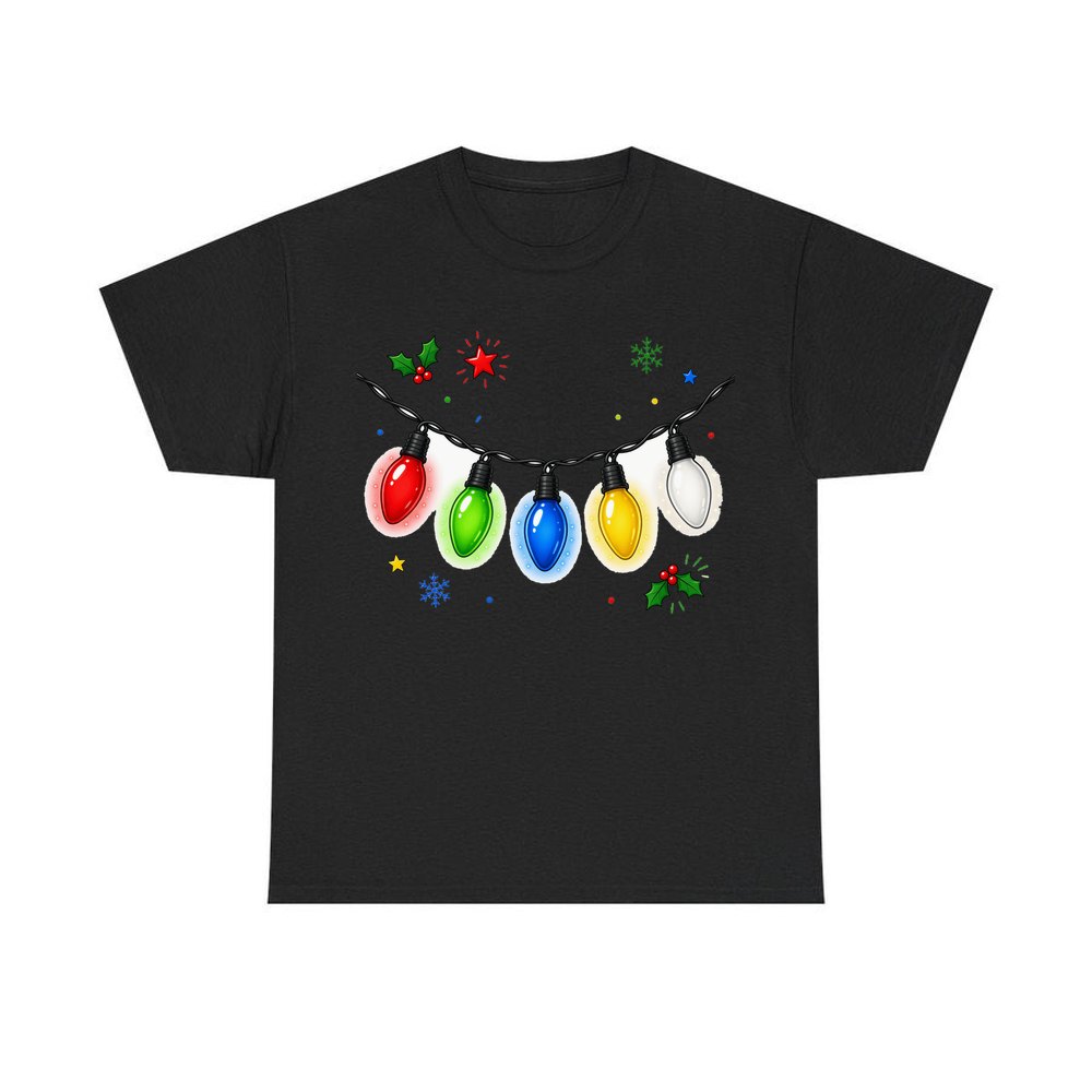 Colourful Christmas Light String personalised Christmas T-shirt in black