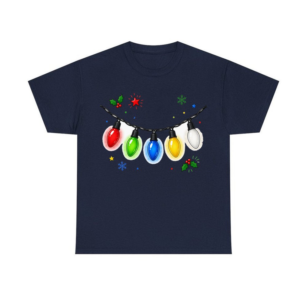 Colourful Christmas Light String personalised Christmas T-shirt in navy