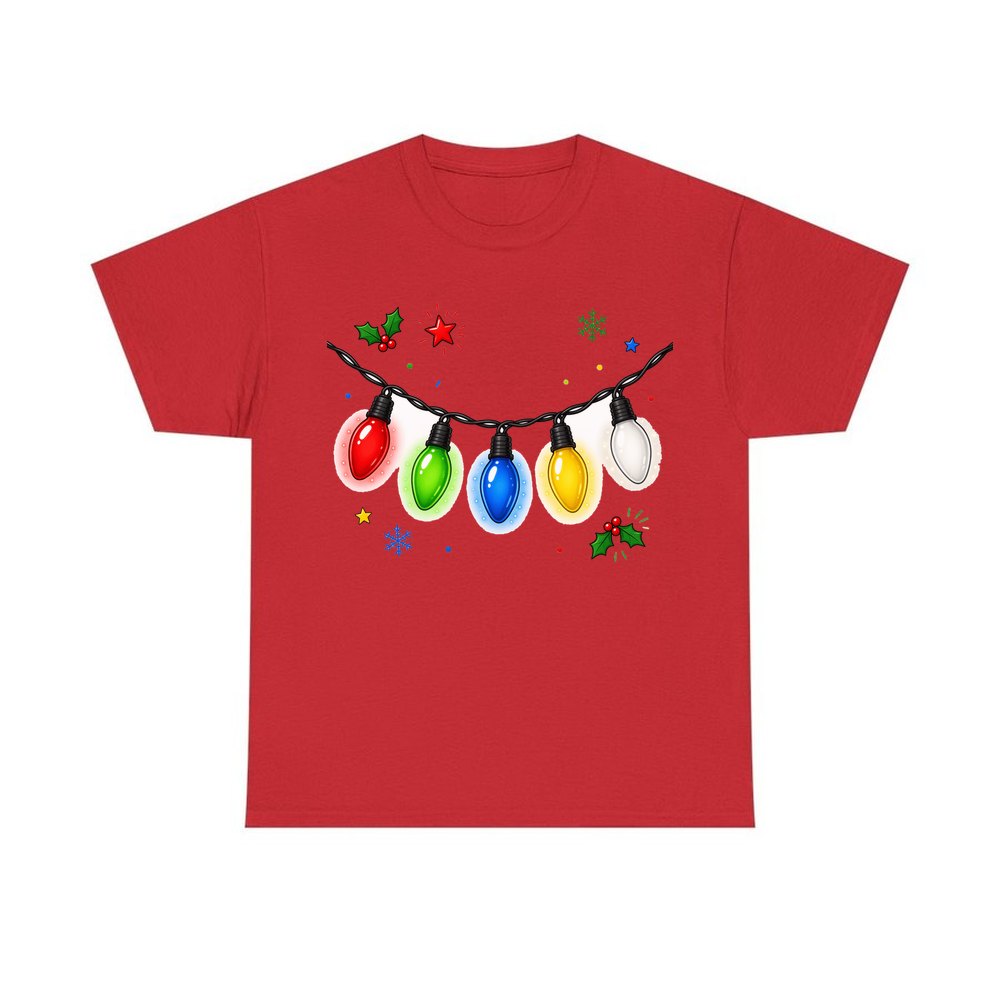 Colourful Christmas Light String personalised Christmas T-shirt in red