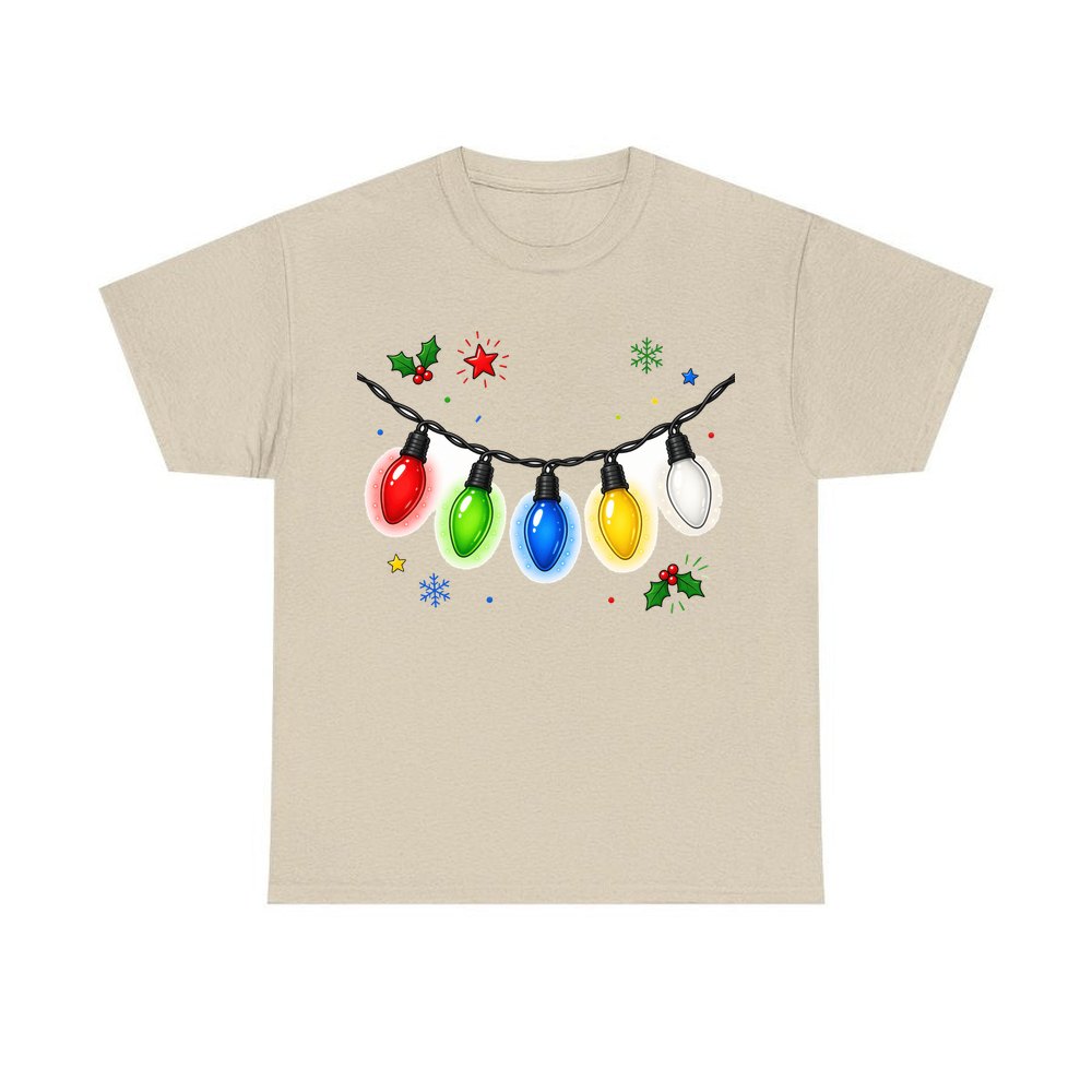 Colourful Christmas Light String personalised Christmas T-shirt in sand