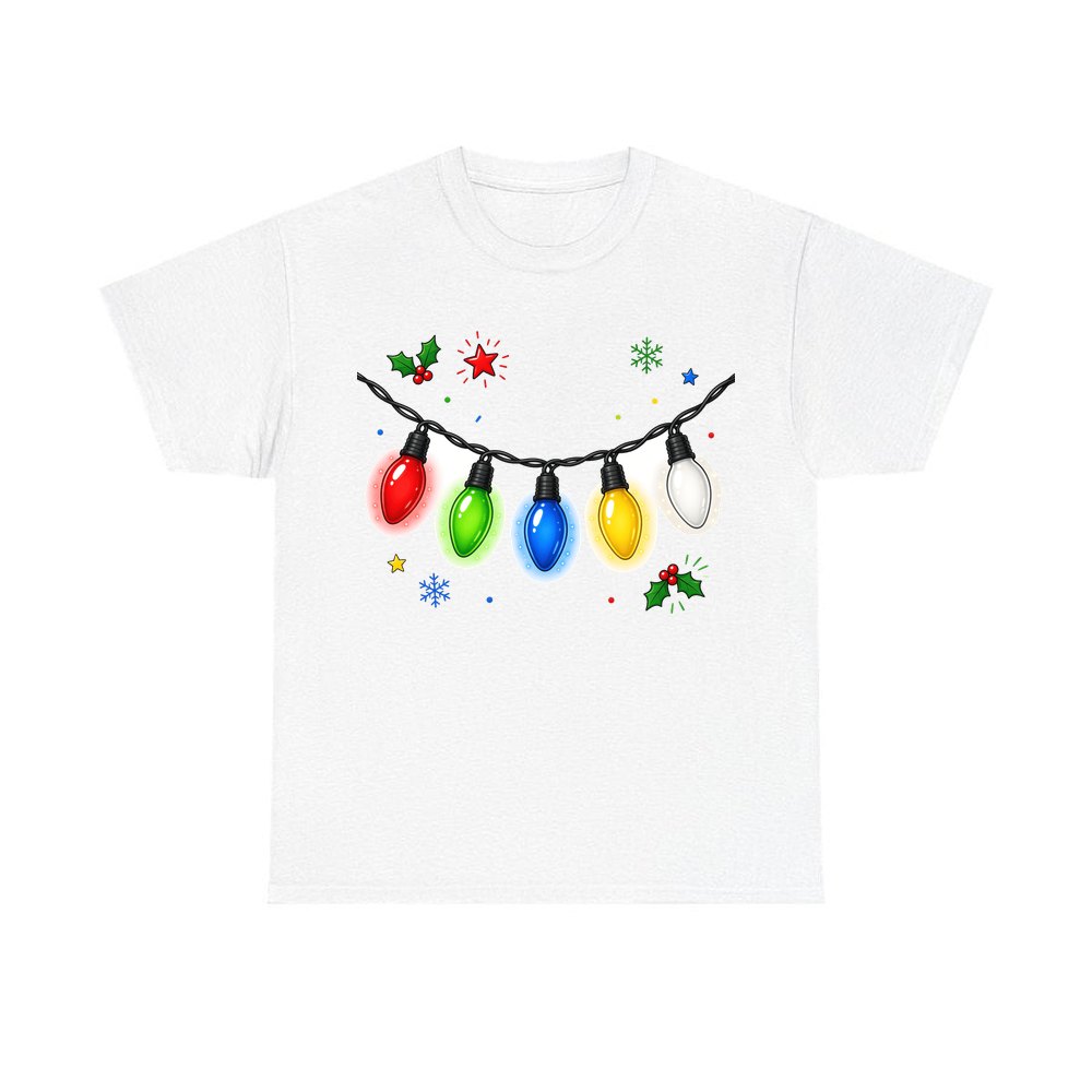 Colourful Christmas Light String personalised Christmas T-shirt in white