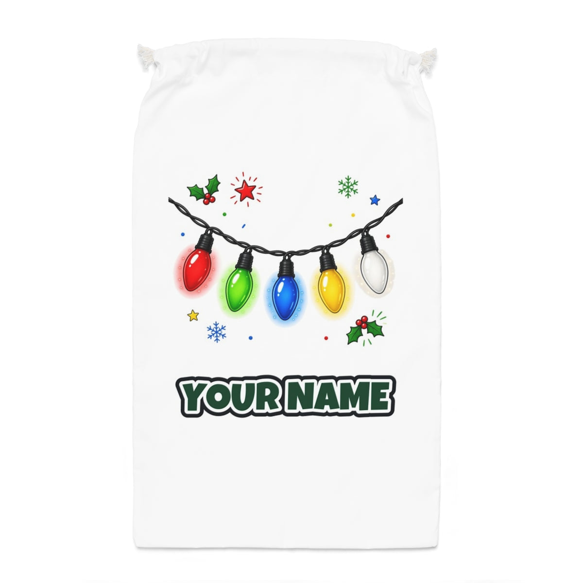 Colourful Christmas Light String Santa sack laid flat, showing the full print