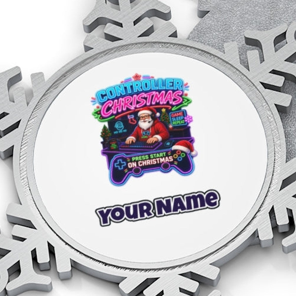 Controller Christmas Gamer Santa Personalised Pewter Christmas Ornament