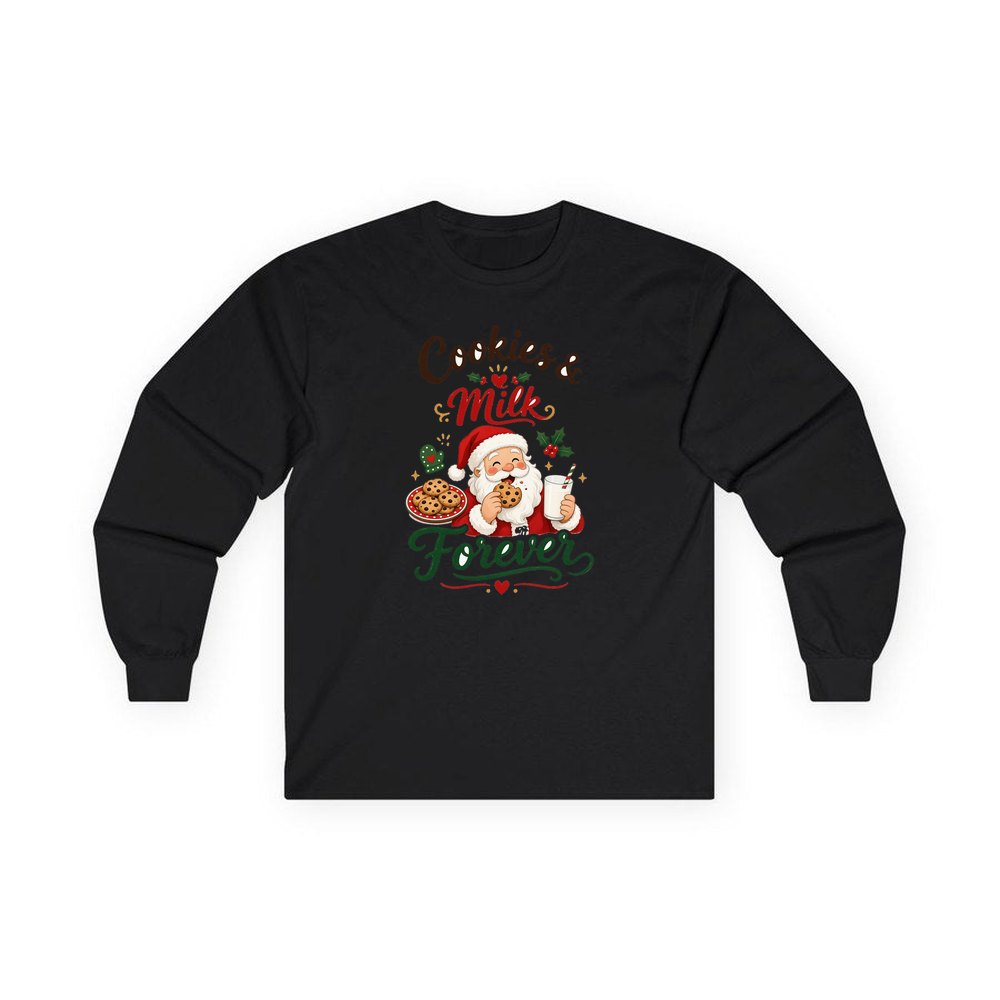 Cookies and Milk Santa personalised long sleeve Christmas T-shirt in black