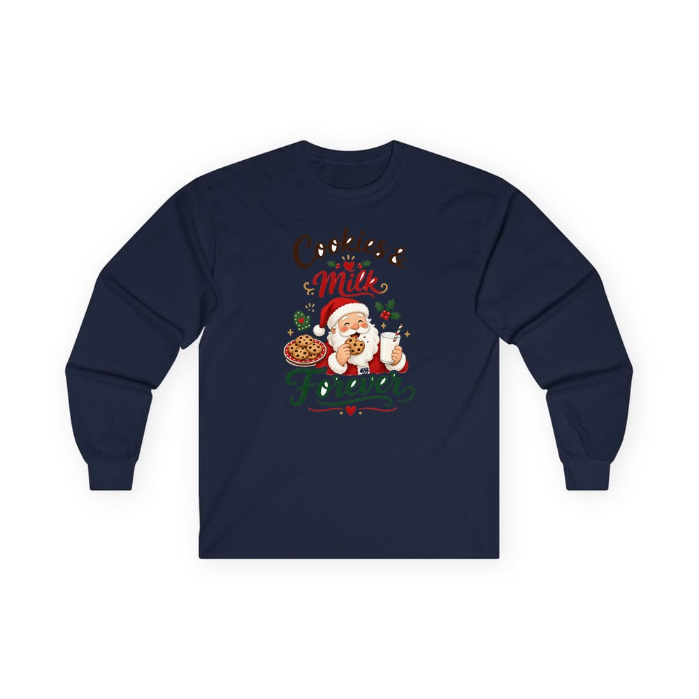 Cookies and Milk Santa personalised long sleeve Christmas T-shirt in navy