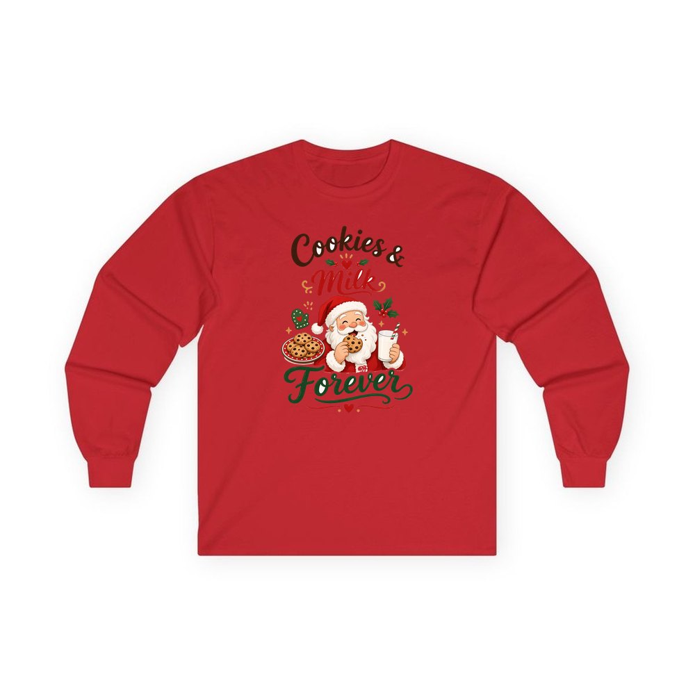 Cookies and Milk Santa personalised long sleeve Christmas T-shirt in red