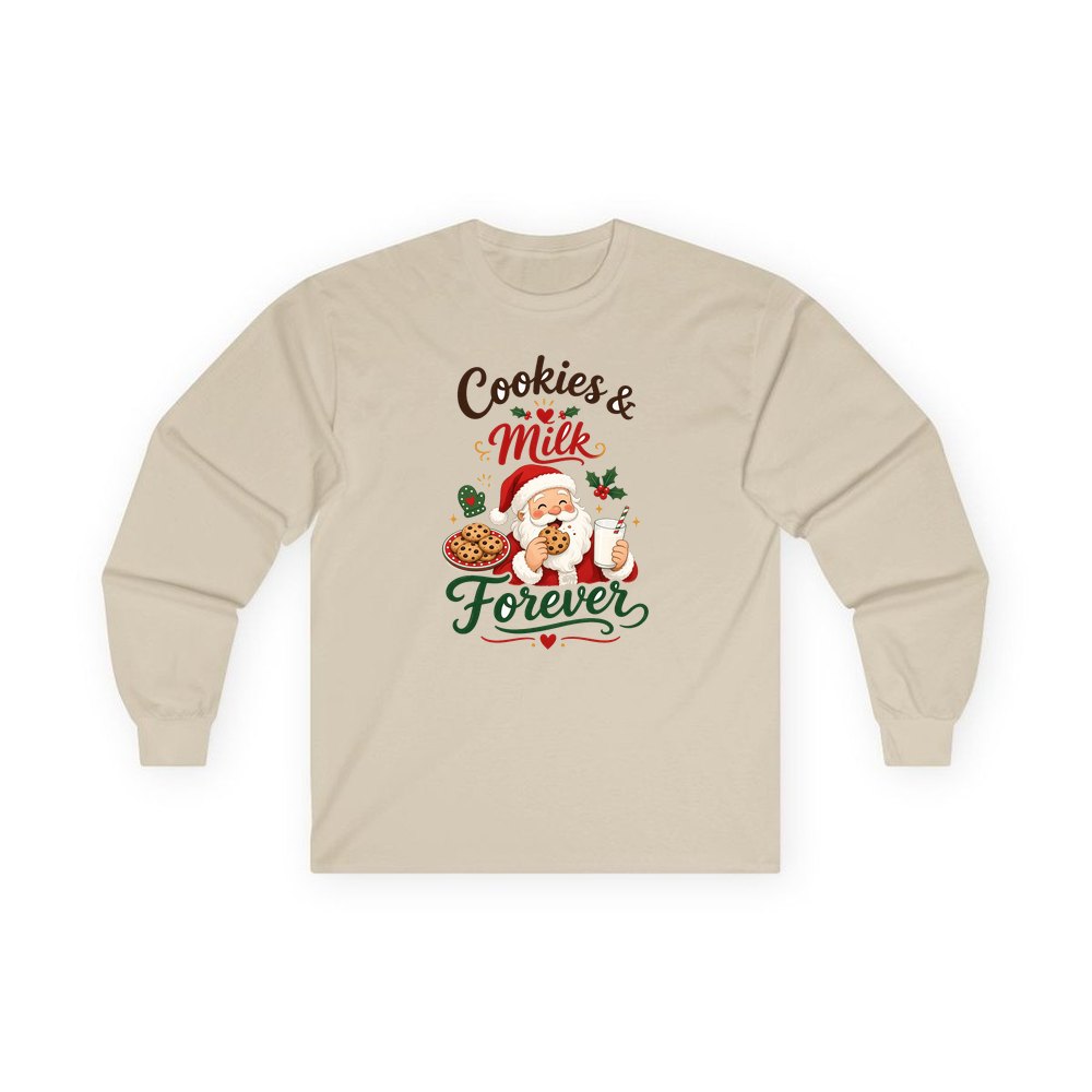Cookies and Milk Santa personalised long sleeve Christmas T-shirt in sand