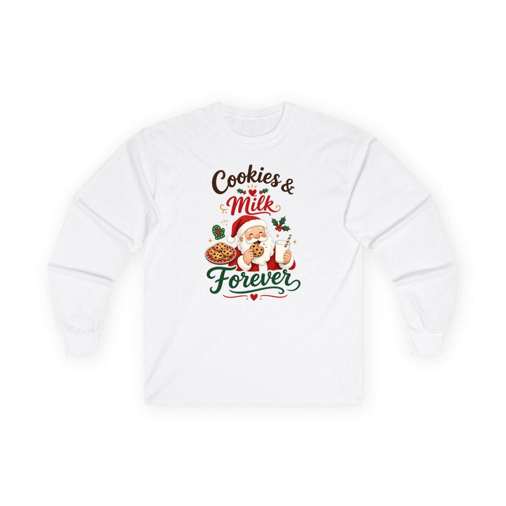 Cookies and Milk Santa personalised long sleeve Christmas T-shirt in white